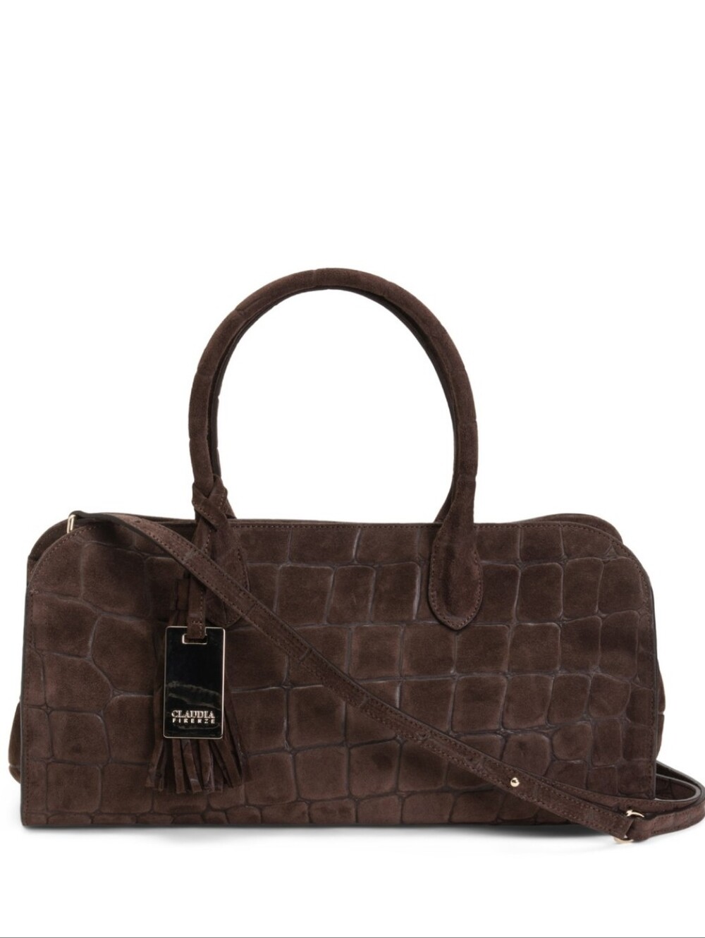 Genuine Leather Suede Croc-Embossed Brown Bag with Tassel Accent